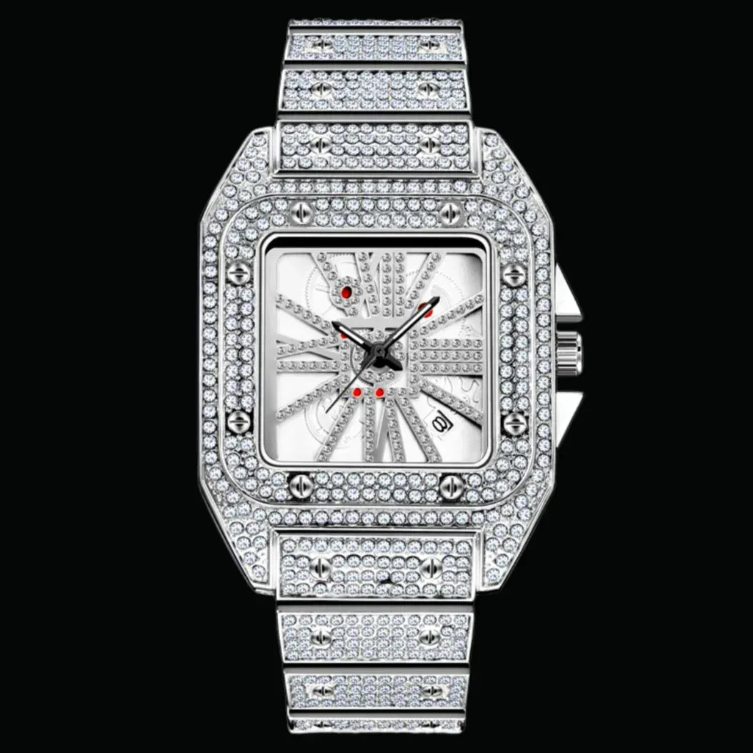 Square Special Red Dial Date Iced Out Watch – Luxury Hip Hop Timepiece - CaratixJewelry
